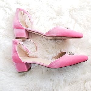 ASOS pink velvet block heels with rhinestones